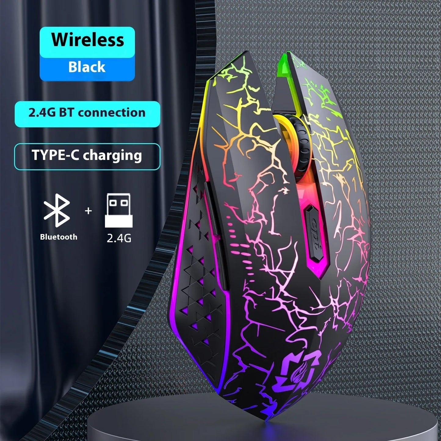 Black and White wireless gaming mouse with RGB lighting effects on desktop