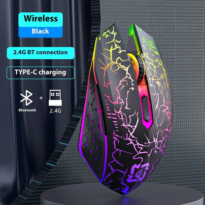 Black and White wireless gaming mouse with RGB lighting effects on desktop