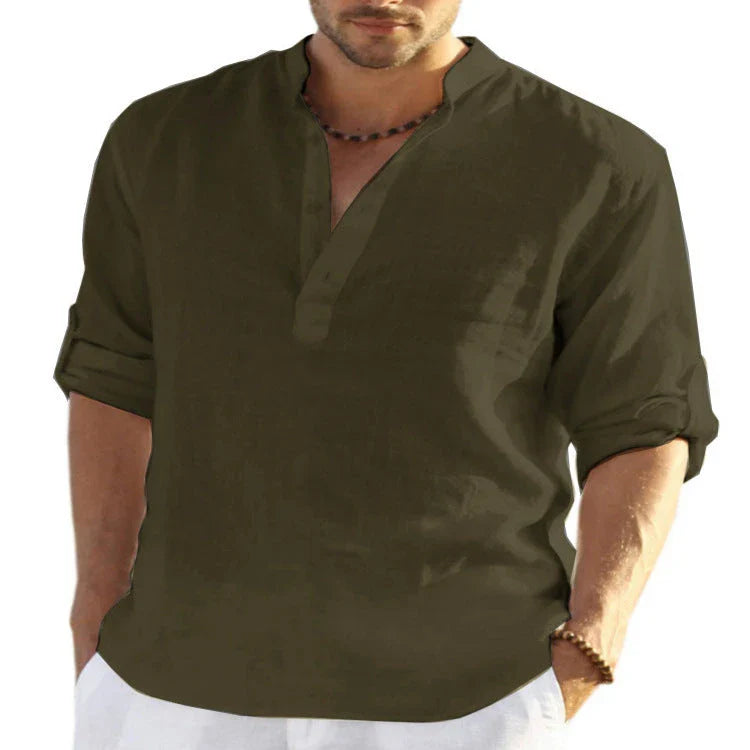 Premium cotton-linen casual shirt with stand collar, long sleeves, and button-down closure