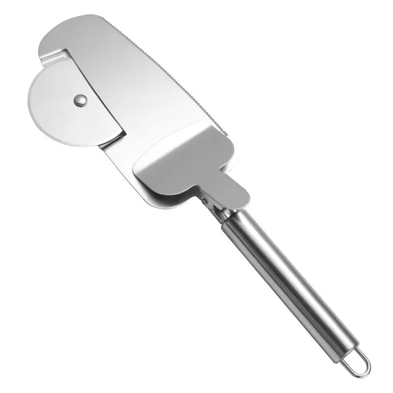 3-in-1 stainless steel pizza cutter with hanging holes for easy storage
