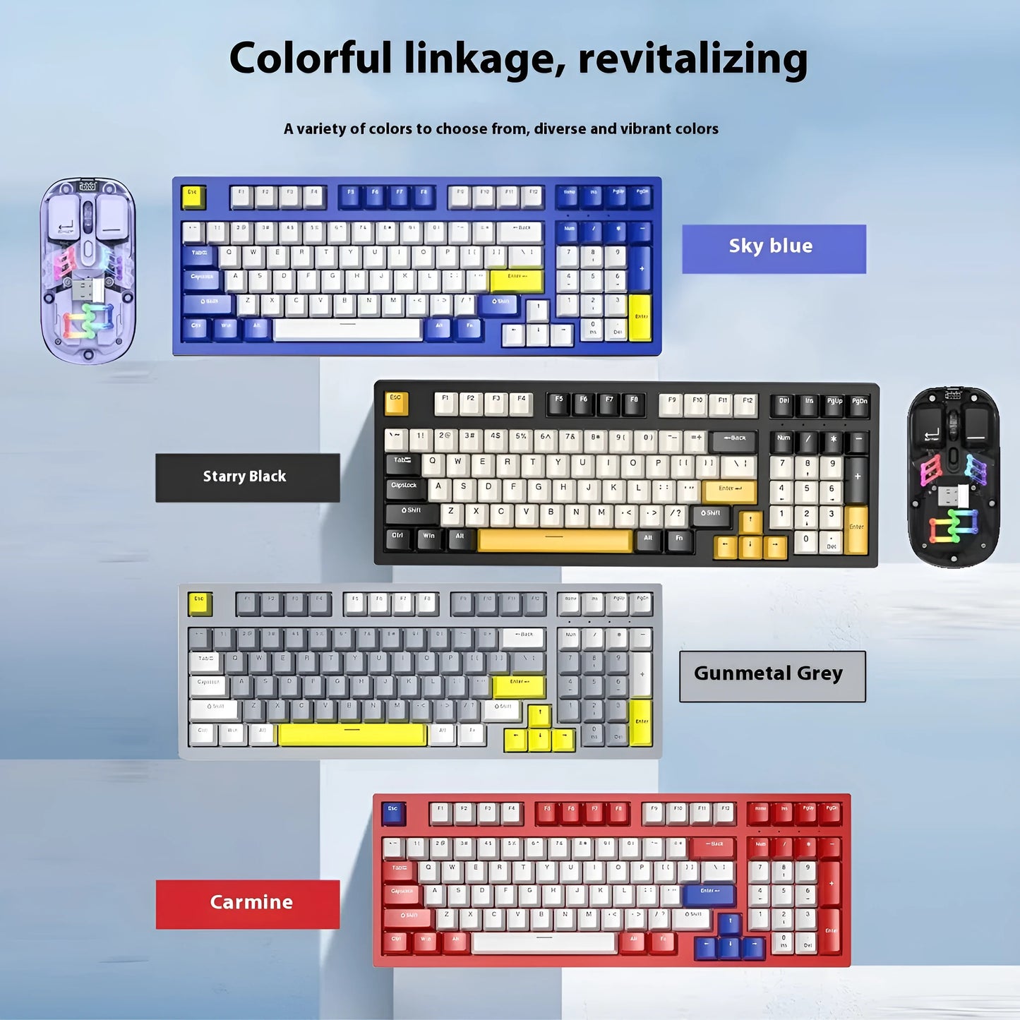 K98 mechanical keyboard and matching wireless mouse in a selected colour from the range on a desk.