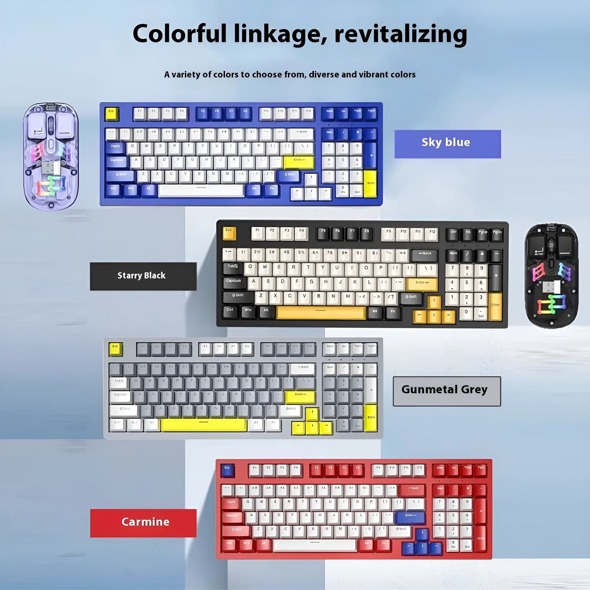 K98 mechanical keyboard and matching wireless mouse in a selected colour from the range on a desk.