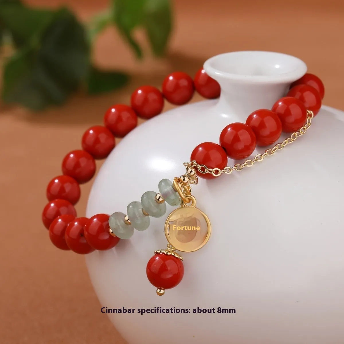 Retro red cinnabar fu character bracelet with jade beads and a long tassel