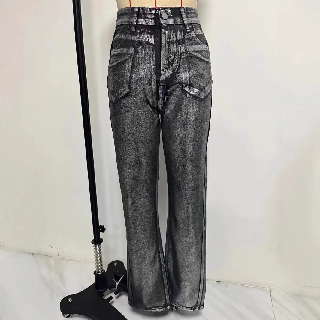 Blue straight-leg high-waist jeans with hot silver contrast detailing on denim fabric