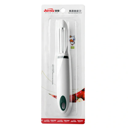 Stainless steel vegetable peeler with PP handle in aquamarine colour showing blade and grater functions