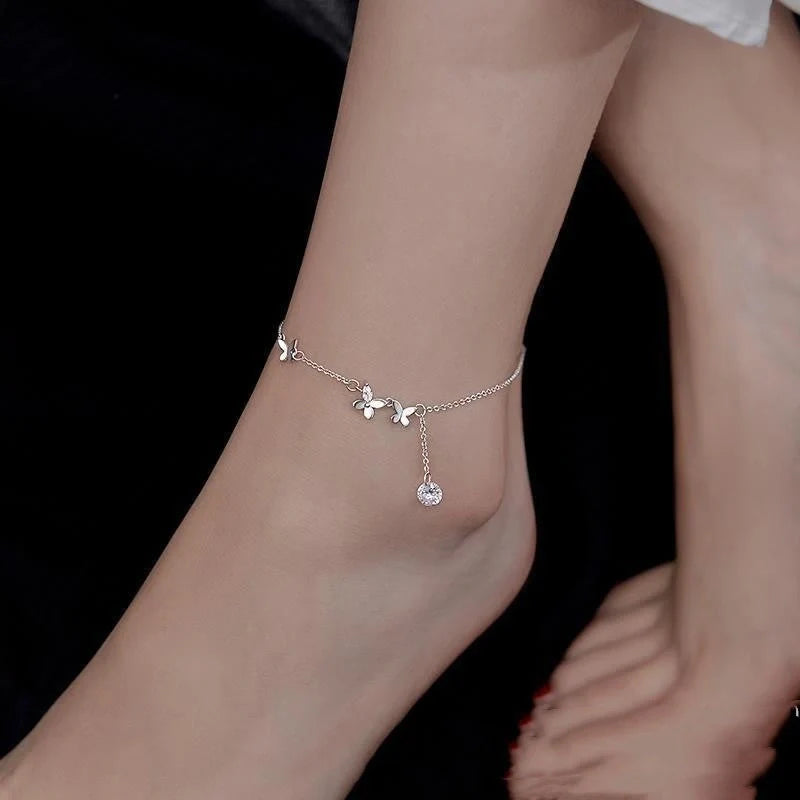 Elegant S925 Sterling Silver Butterfly Anklet with Zircon Stones and Flower Tassel