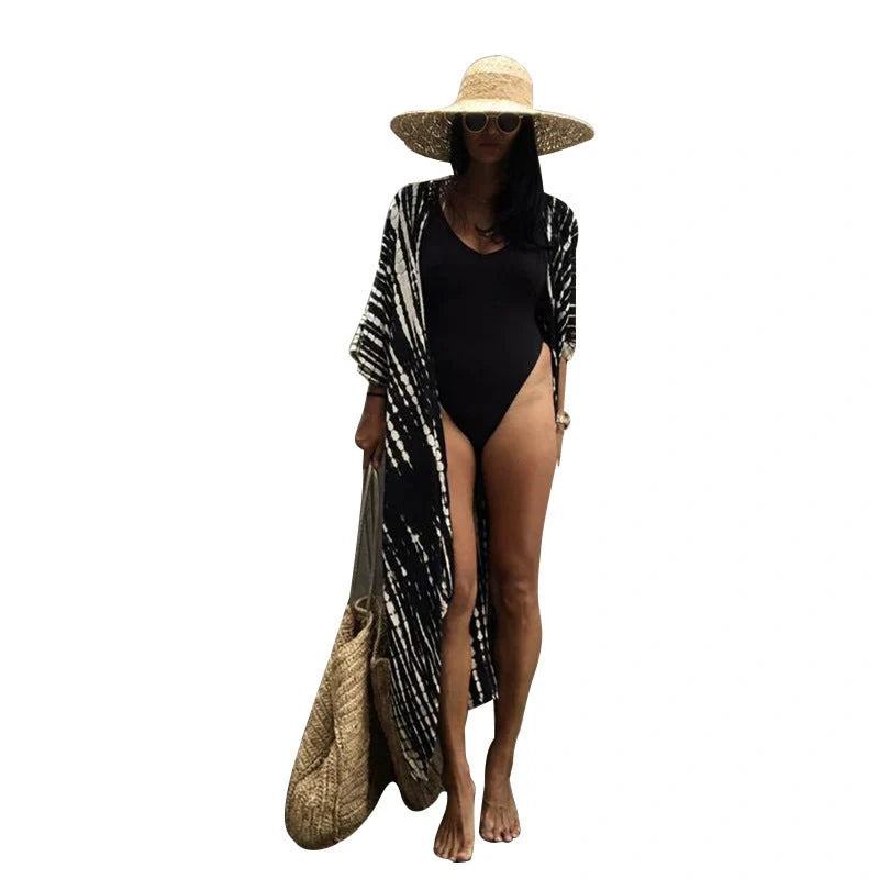 Boho printed fringed kimono cover-up for women, perfect for beach and poolside lounging.