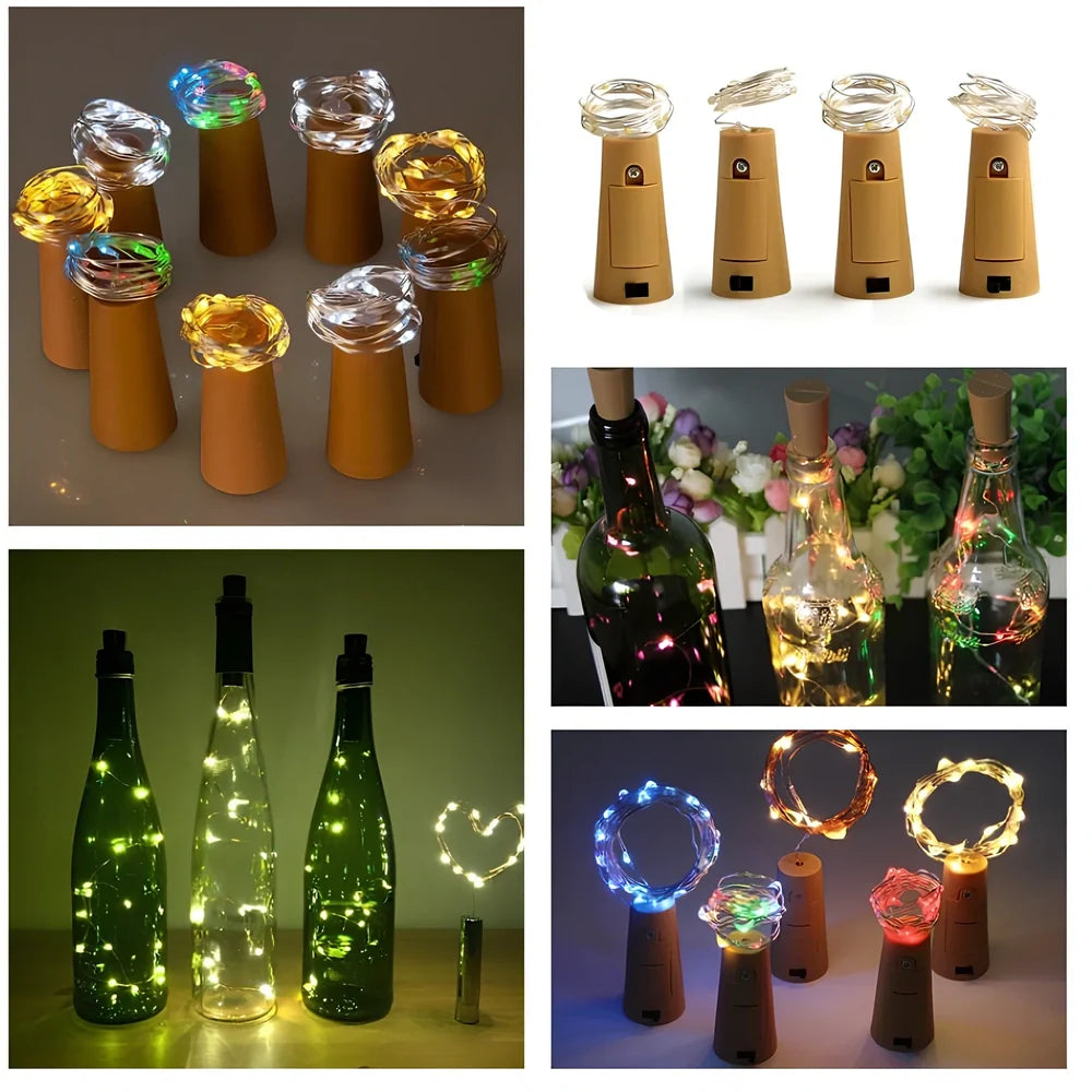 Copper wire LED string lights wrapped around wine bottle with 20 white LEDs illuminated