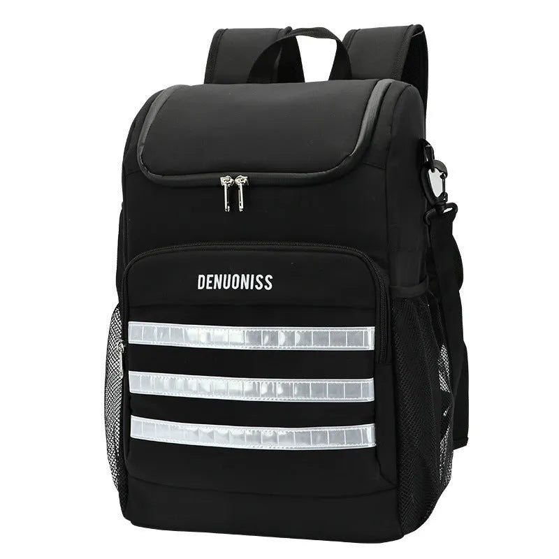 Insulated black cloth backpack with mounted bottle opener on shoulder strap