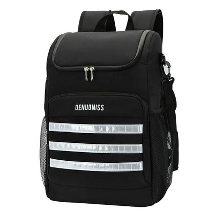Insulated black cloth backpack with mounted bottle opener on shoulder strap