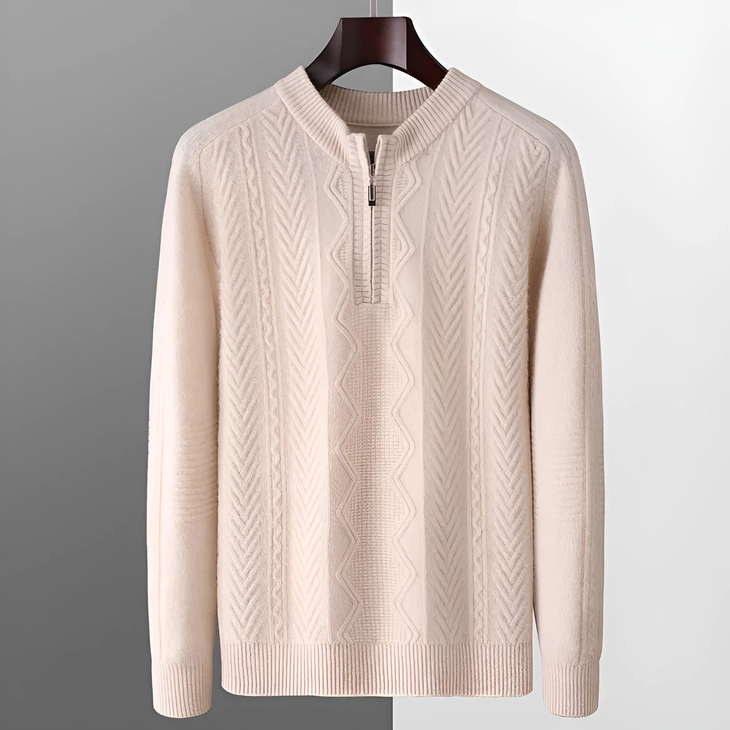 Men's diamond lattice pattern wool sweater with half zipper in dark blue colour