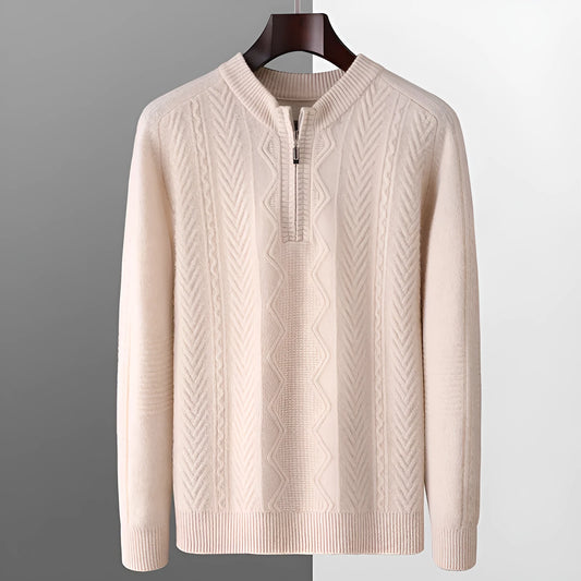 Men's diamond lattice pattern wool sweater with half zipper in dark blue colour