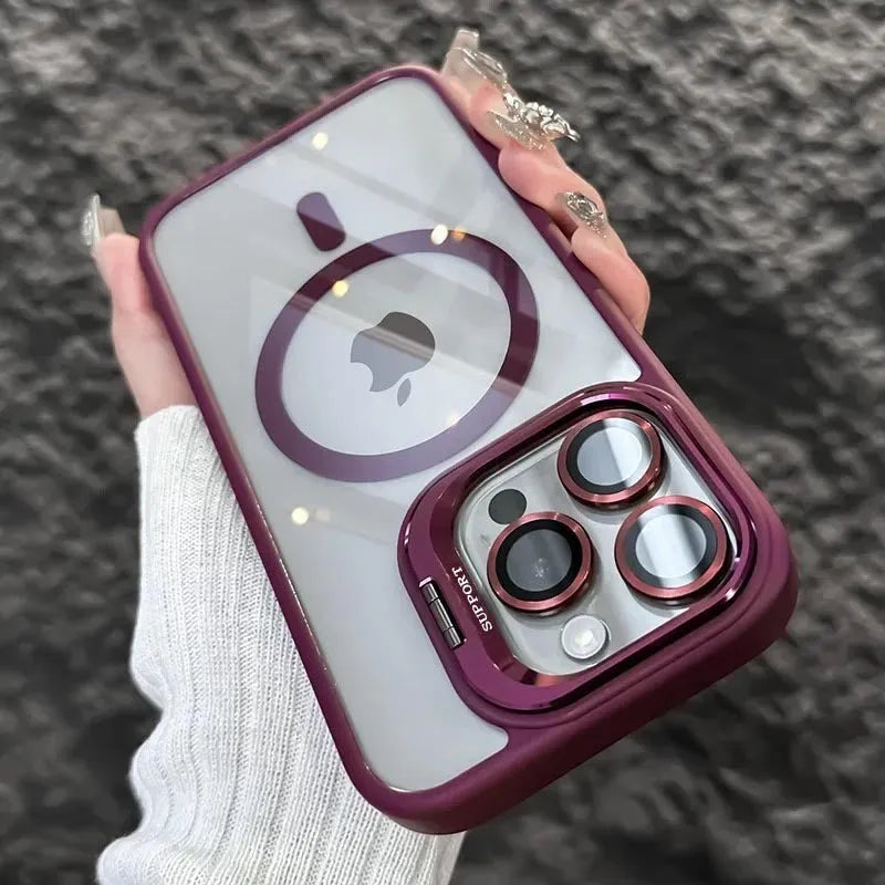 Transparent iPhone case with invisible bracket, CD pattern lens protector and hollow electroplated finish in black