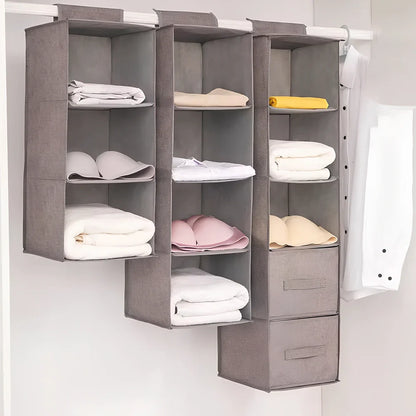 Cotton hanging storage bag with multiple drawers measuring 24.6cm each