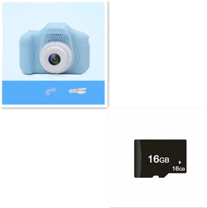 Colourful kids digital camera with silicone case showing 2-inch screen and lens.
