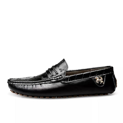 Men's black plus size authentic leather driving loafers with rubber sole