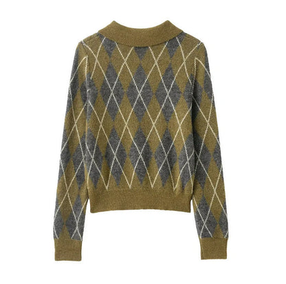 Women's notched lapel knitted sweater with diamond pattern and colour blocking, 40-50cm length