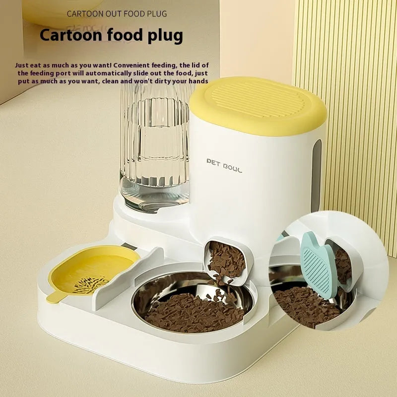 Automatic cat feeding water fountain with integrated double bowl in avocado green colour, dimensions 27x27x24cm