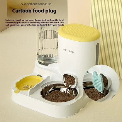 Automatic cat feeding water fountain with integrated double bowl in avocado green colour, dimensions 27x27x24cm