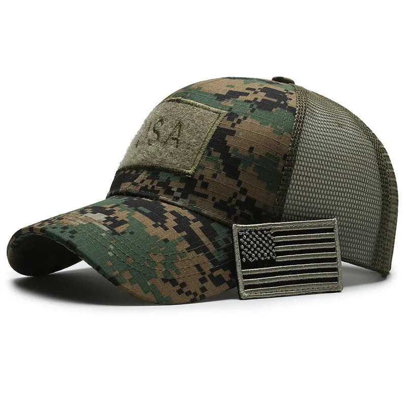 Tactical camouflage baseball cap with adjustable sizing and dome crown