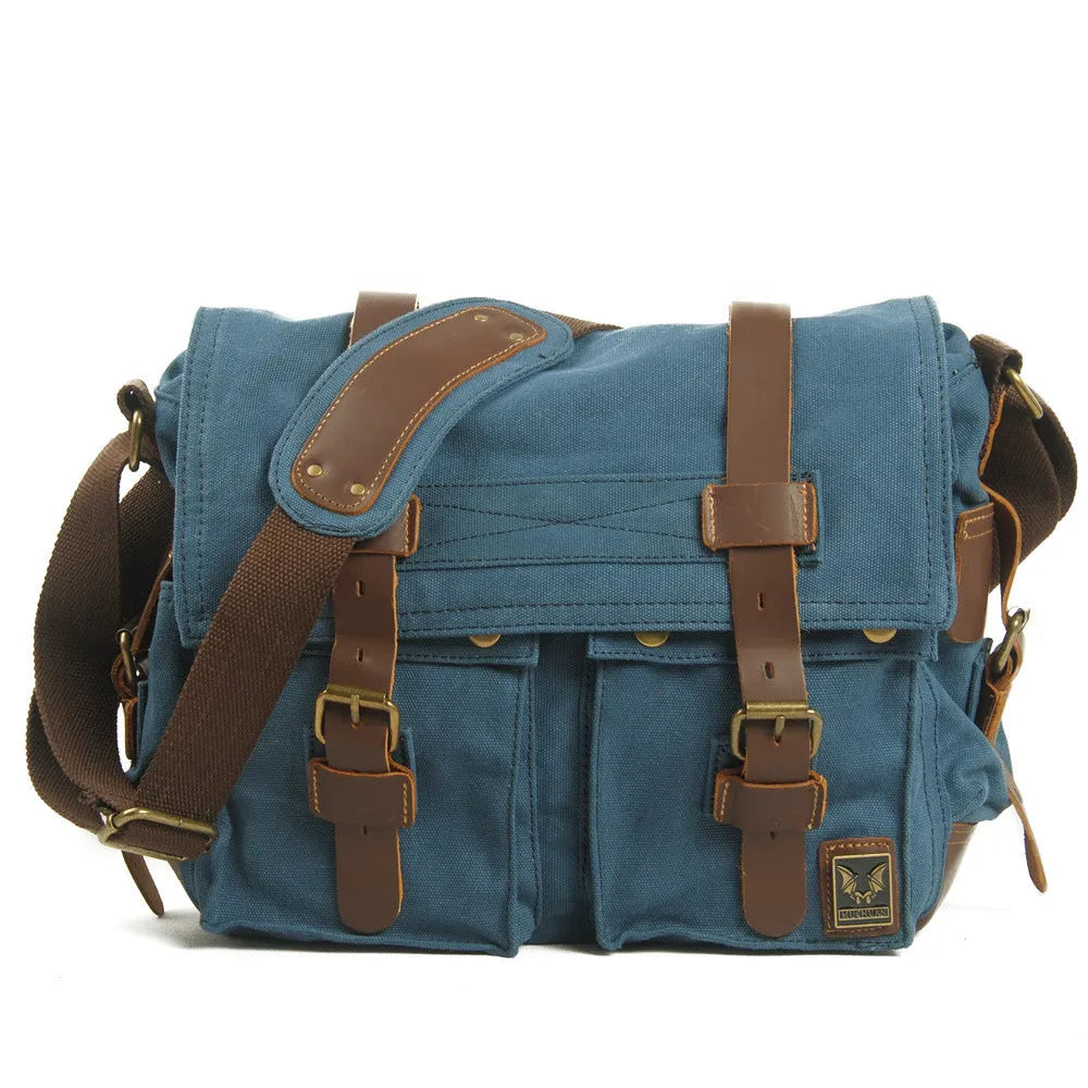 Men's retro crossbody canvas shoulder bag with cowhide trim in horizontal rectangular shape