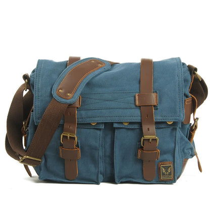 Men's retro crossbody canvas shoulder bag with cowhide trim in horizontal rectangular shape