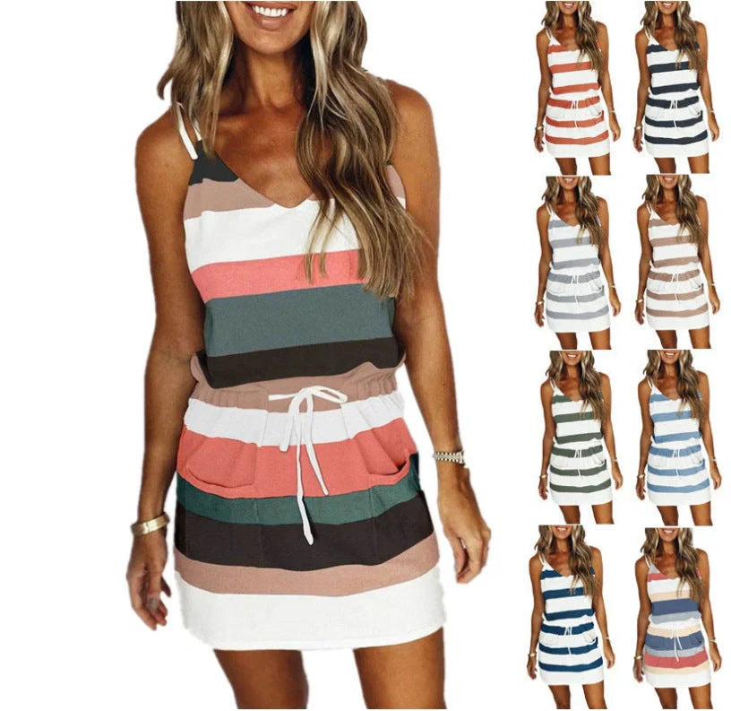 Women's cotton striped drawstring summer dress in various colors