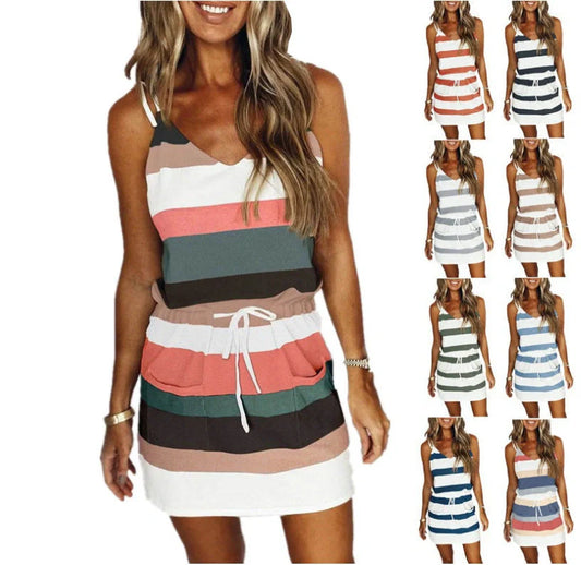 Women's cotton striped drawstring summer dress in various colors