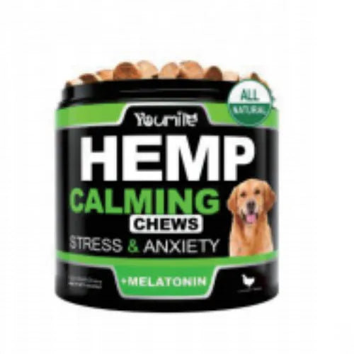Calm Down And Chew health supplement bottle with 120 chewable capsules, showing easy-open lid and capsule details