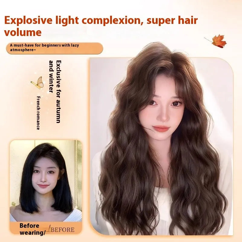 Full head wig female artificial hair high temperature fibre long curly hair side bangs head wig in multiple colour options including cold brown and brown black