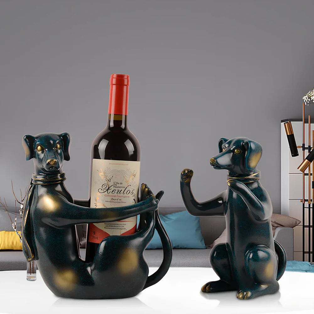 Handcrafted resin dog wine rack in sitting and squatting positions for bottle storage