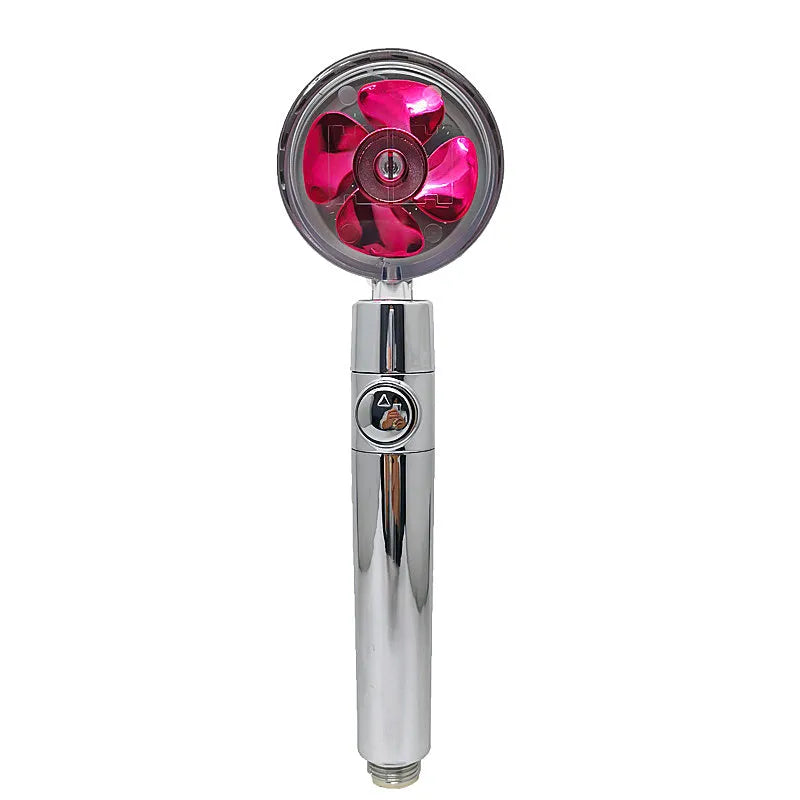 Chrome-finished ABS plastic water-saving shower head with a round, rotating spray head.