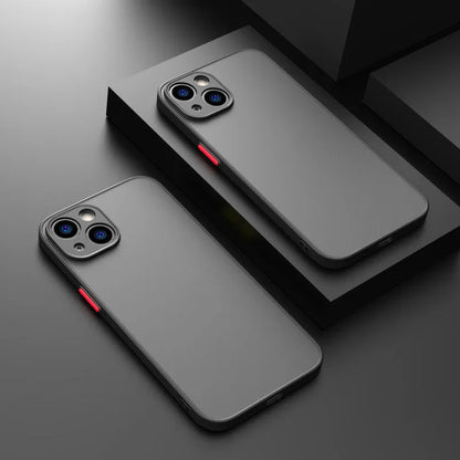 Fine hole skin-sensing iPhone case with frosted finish showing 0.8mm thin profile and full lens protection