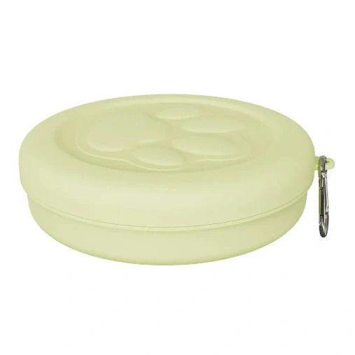 Collapsible dog food bowl showing expanded and folded positions with leak-proof silicone base