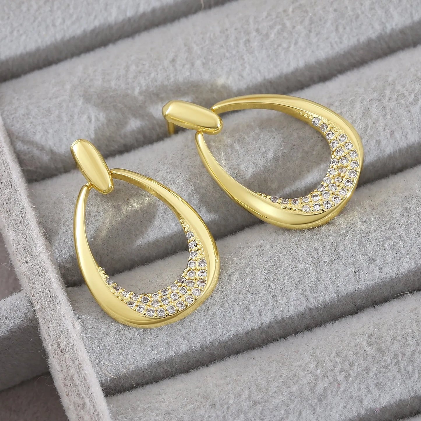 Women's yellow gold geometric drop earrings with zircon detailing measuring 2.6 by 1.7 centimetres