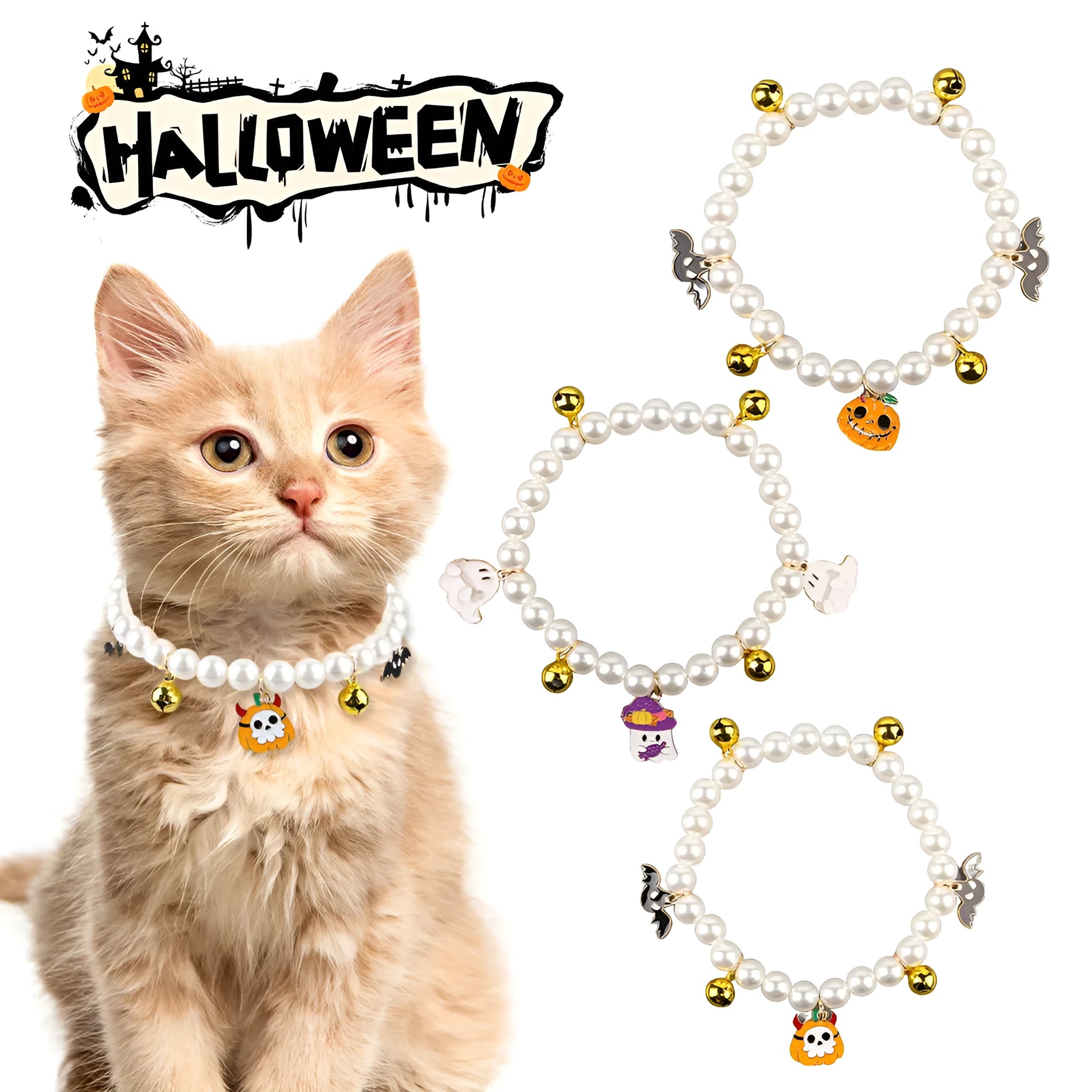 Halloween cat collar with simulated pearls and pumpkin-shaped charms in purple ghost, skull, and smiling designs.