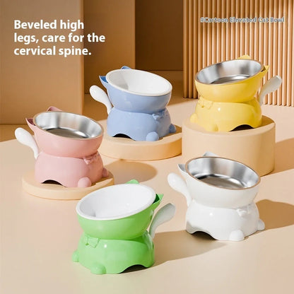Stainless steel cat bowl with 15-degree tilt angle on non-slip silicone base