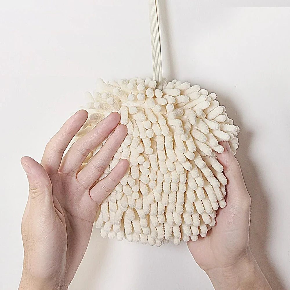 Beige chenille hanging hand towel with integrated loop for quick drying