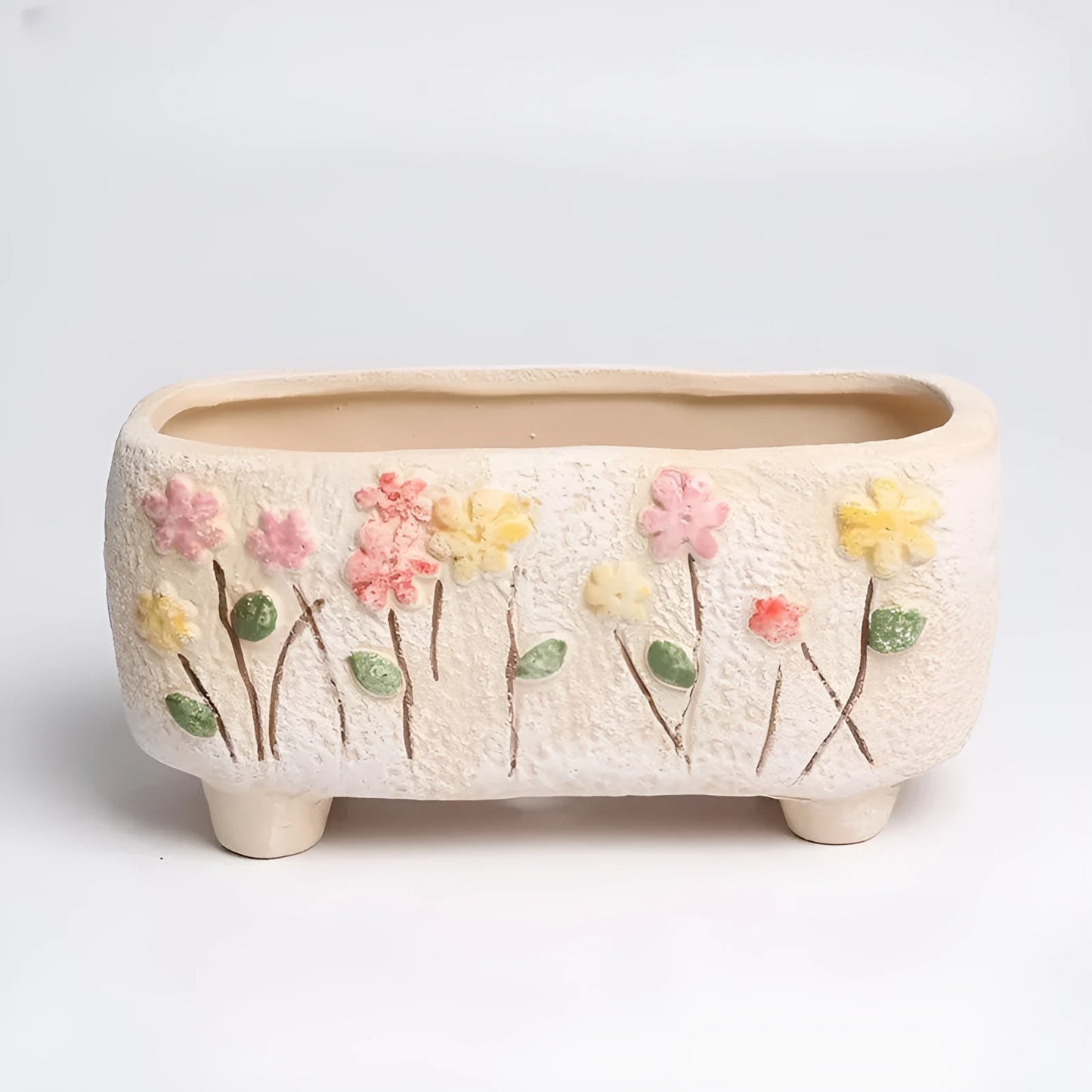 Small rectangular ceramic flower pot with hand-painted design for succulents and bonsai plants