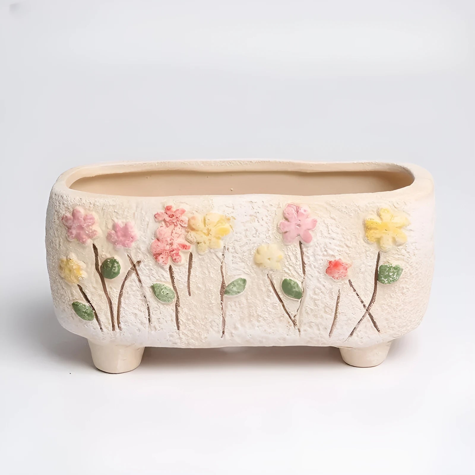 Small rectangular ceramic flower pot with hand-painted design for succulents and bonsai plants