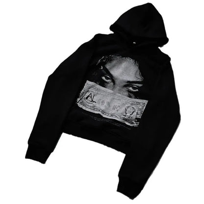 Black women's hoodie with cartoon print design in loose fit polyester construction
