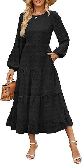 Autumn long sleeve dress with ruffled sleeves and high waist design in various colour options