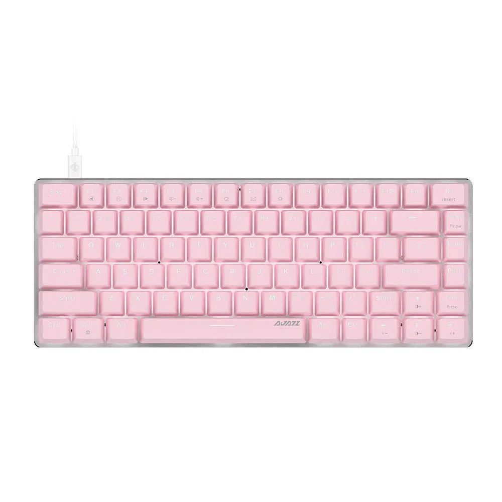Pink mechanical keyboard with 82 keys and white backlight illumination on a desk.