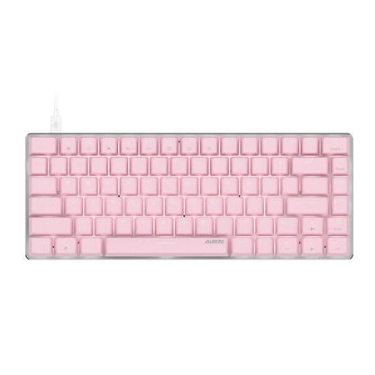 Pink mechanical keyboard with 82 keys and white backlight illumination on a desk.
