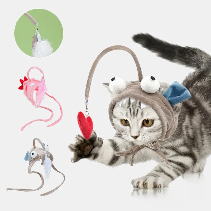 Adjustable head-wearing feather cat toy stick in various colors for indoor play