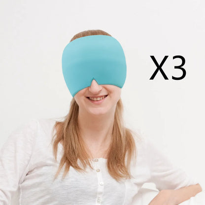 Black elastic gel headache relief mask laid flat showing eye contours and adjustable headband.