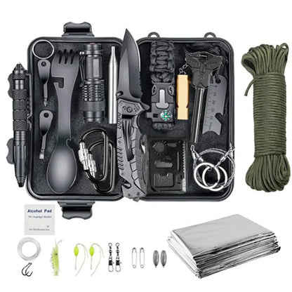 Outdoor survival kit with alloy multi-tool, emergency whistle, compass, and tools in waterproof plastic case