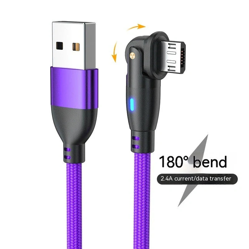 180-degree bendable fast charge USB cable in black, red, and purple