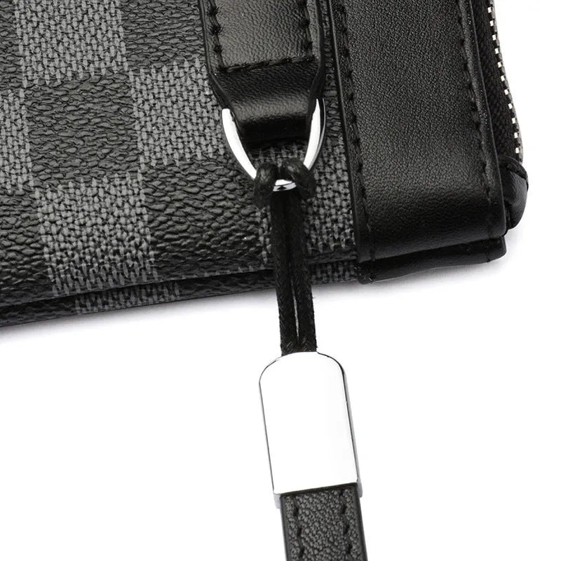 Black men's leather plaid clutch wallet showing 20cm by 10cm dimensions and cowhide texture