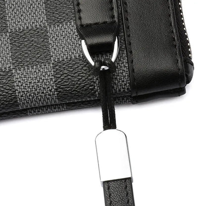 Black men's leather plaid clutch wallet showing 20cm by 10cm dimensions and cowhide texture